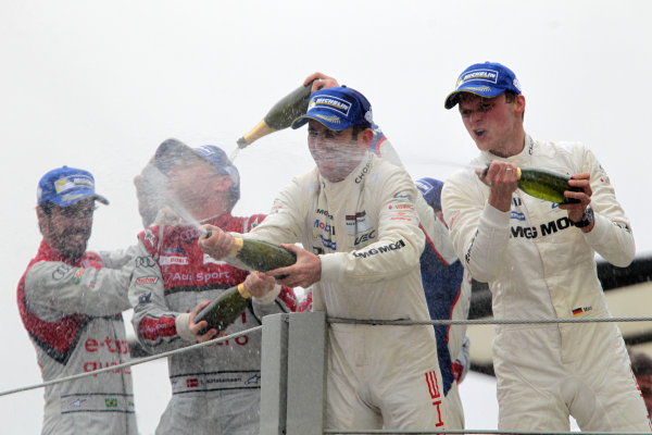 2014 World Endurance Championship,
Interlagos, Brazil. 28th - 30th November 2014.
LMP1 Podium (l-r) Lucas Di Grassi / Loic Duval / Tom Kristensen Audi Sport Team Joest Audi R18 e-tron quattro, Romain Dumas / Neel Jani / Marc Lieb Porsche AG Porsche 919 Hybrid, Anthony Davidson / Sebastien Buemi Toyota Racing Toyota TS 040 Hybrid.
World Copyright: Ebrey / LAT Photographic.