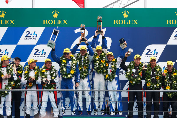 2015 Le Mans 24 Hours. Circuit de la Sarthe, Le Mans, France.
Sunday 14 June 2015.
KCMG (Oreca 05 Nissan - LMP2), Matthew Howson, Richard Bradley, Nicolas Lapierre, celebrate on the podium
Photo:  Sam Bloxham/LAT Photographic.
ref: Digital Image _SBL2677