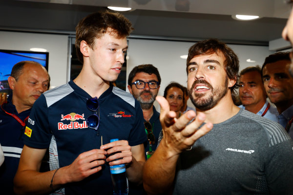 Hungaroring, Budapest, Hungary. 
Saturday 29 July 2017.
The 36th birthday party for Fernando Alonso, McLaren. L-R: Frederic Vasseur, Sauber Team Principal, Daniil Kvyat, Toro Rosso, Fernando Alonso, McLaren, Carlos Sainz Sr, and Pedro de la Rosa.
World Copyright: Steven Tee/LAT Images 
ref: Digital Image _R3I3678