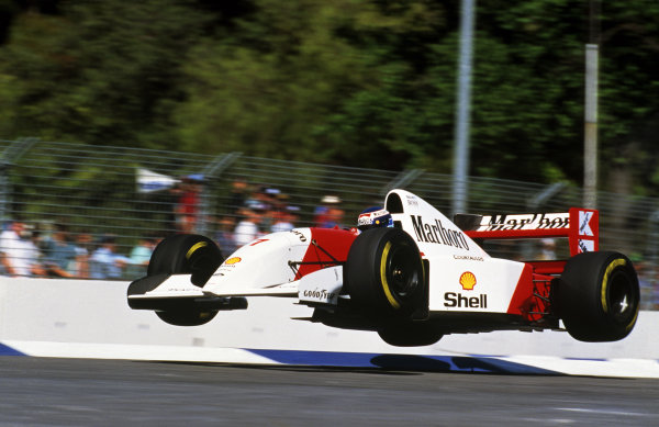 The Flying Finn Mika Hakkinen (FIN) launches his Mclaren MP4/8 into the air at the Malthouse Corner during a lap in practice.
Formula One World Championship, Rd 16, Australian Grand Prix, Adelaide, 7 November 1993.
The Flying Finn Mika Hakkinen (FIN) launches his Mclaren MP4/8 into the air at the Malthouse Corner during a lap in practice.
Formula One World Championship, Rd 16, Australian Grand Prix, Adelaide, 7 November 1993.