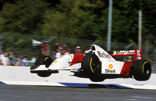 The Flying Finn Mika Hakkinen (FIN) launches his Mclaren MP4/8 into the air at the Malthouse Corner during a lap in practice.
Formula One World Championship, Rd 16, Australian Grand Prix, Adelaide, 7 November 1993.
