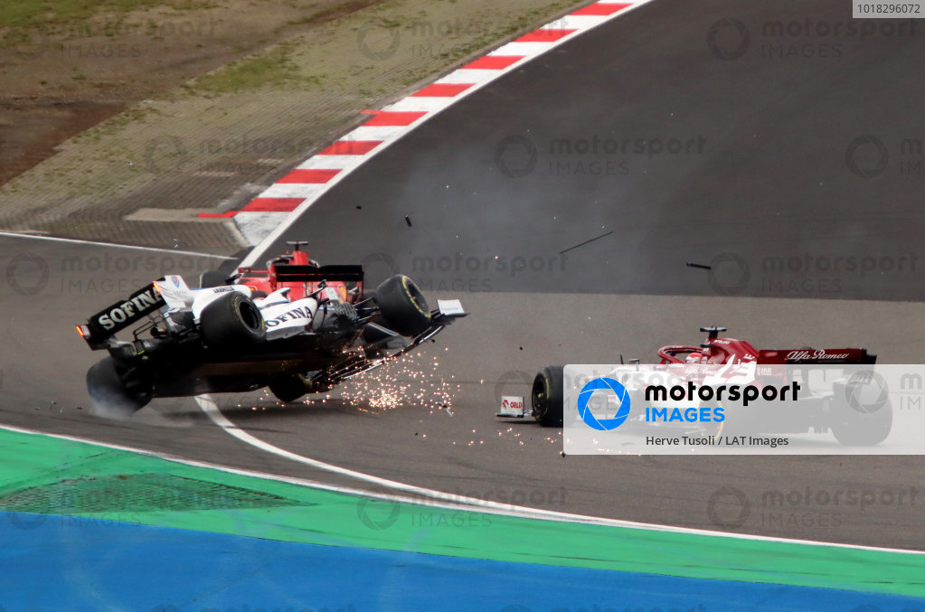 George Russell, Williams FW43, is aunched into the air after contact with Kimi Raikkonen, Alfa Romeo Racing C39. Raikkonen received a time penalty for causing the incident. Credit: Herve Tusoli/Motorsport Images George Russell, Williams FW43, is aunched into the air after contact with Kimi Raikkonen, Alfa Romeo Racing C39. Raikkonen received a time penalty for causing the incident. Credit: Herve Tusoli/Motorsport Images