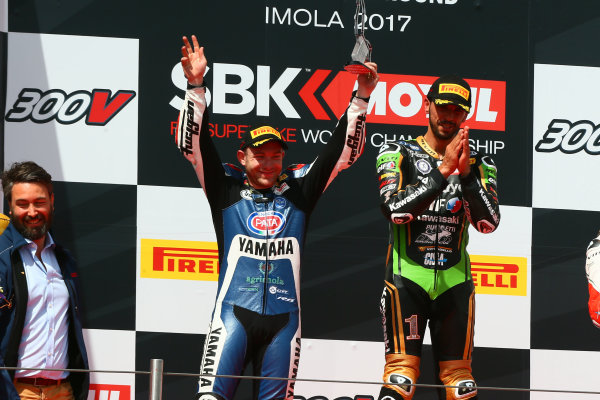 2017 Superbike World Championship - Round 5
Imola, Italy.
Sunday 14 May 2017
Podium SSP: race winner Kenan Sofuoglu, Kawasaki Puccetti Racing, second place Lucas Mahias, GRT Yamaha Official WorldSSP Team,
World Copyright: Gold and Goose Photography/LAT Images
ref: Digital Image 18858 2017 Superbike World Championship - Round 5
Imola, Italy.
Sunday 14 May 2017
Podium SSP: race winner Kenan Sofuoglu, Kawasaki Puccetti Racing, second place Lucas Mahias, GRT Yamaha Official WorldSSP Team,
World Copyright: Gold and Goose Photography/LAT Images
ref: Digital Image 18858