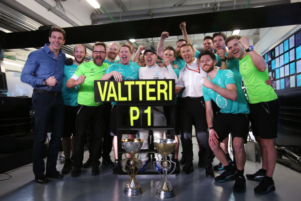 Sochi Autodrom, Sochi, Russia.
Sunday 30 April 2017.
Valtteri Bottas, Mercedes AMG, celebrates victory with colleagues, including Toto Wolff, Executive Director (Business), Mercedes AMG. 
World Copyright: LAT Images
ref: Digital Image DJ5R9693