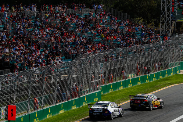 Australian Supercars Series
Albert Park, Melbourne, Australia.
Sunday 26 March 2017.
Race 4.
David Reynolds, No.9 Holden Commodore VF, Erebus Motorsport, leads Jason Bright, No.56 Ford Falcon FG-X, MEGA Racing. 
World Copyright: Zak Mauger/LAT Images
ref: Digital Image _56I0314