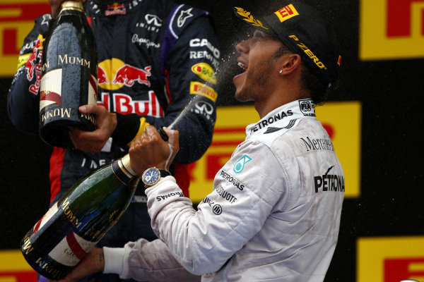 Circuit de Catalunya, Barcelona, Spain.
Sunday 11 May 2014.
Lewis Hamilton, Mercedes AMG, 1st Position, sprays the victory Champagne.
World Copyright: Andy Hone/LAT Photographic.
ref: Digital Image _ONY2288