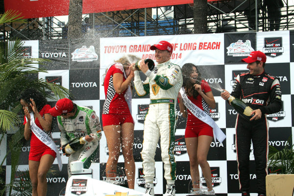 11-13 April, 2014, Long Beach, California USA
Carlos Munoz, Mike Conway, and Will Power celebrate with champagne
©2014, Leland Hill
LAT Photo USA