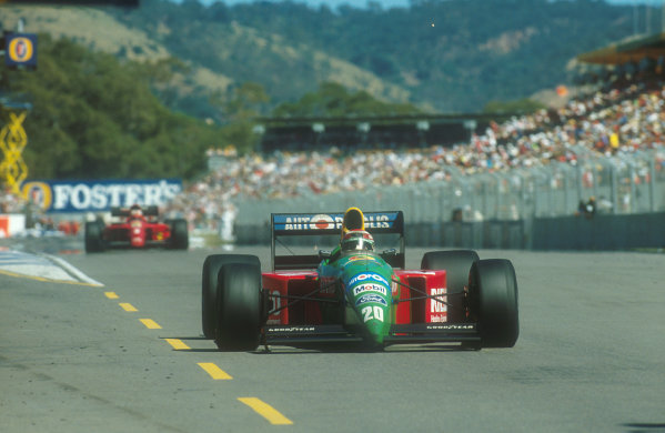 1990 Australian Grand Prix.
Adelaide, Australia.
2-4 November 1990.
Nelson Piquet (Benetton B190 Ford) with Nigel Mansell (Ferrari 641) behind. They finished in 1st and 2nd positions respectively.
Ref-90 AUS 29.
World Copyright - LAT Photographic
1990 Australian Grand Prix.
Adelaide, Australia.
2-4 November 1990.
Nelson Piquet (Benetton B190 Ford) with Nigel Mansell (Ferrari 641) behind. They finished in 1st and 2nd positions respectively.
Ref-90 AUS 29.
World Copyright - LAT Photographic