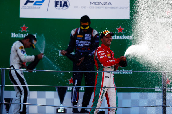 Autodromo Nazionale di Monza, Italy.
Sunday 3 September 2017
Luca Ghiotto (ITA, RUSSIAN TIME). Sergio Sette Camara (BRA, MP Motorsport). and Antonio Fuoco (ITA, PREMA Racing). 
Photo: Mauger/FIA Formula 2
ref: Digital Image _W6I4958