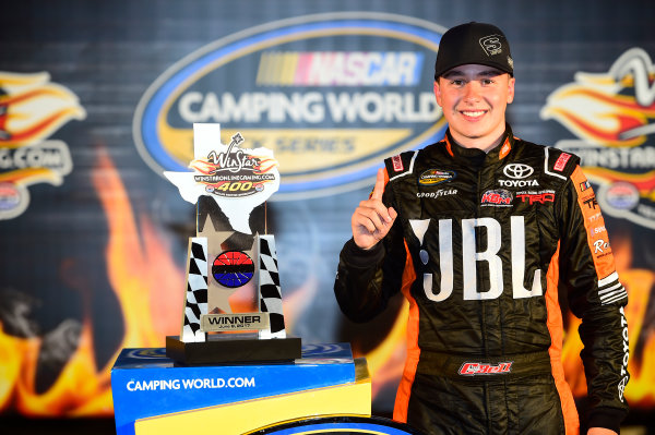 NASCAR Camping World Truck Series
winstaronlinegaming.com 400
Texas Motor Speedway, Ft. Worth, TX USA
Friday 9 June 2017
Christopher Bell, JBL Toyota Tundra, celebrates in Victory Lane.
World Copyright: John K Harrelson
LAT Images
ref: Digital Image 17TEX2jh_02563 NASCAR Camping World Truck Series
winstaronlinegaming.com 400
Texas Motor Speedway, Ft. Worth, TX USA
Friday 9 June 2017
Christopher Bell, JBL Toyota Tundra, celebrates in Victory Lane.
World Copyright: John K Harrelson
LAT Images
ref: Digital Image 17TEX2jh_02563