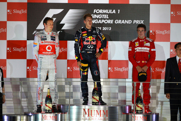 Podium and results:
1st Sebastian Vettel (GER) Red Bull Racing, centre.
2nd Jenson Button (GBR) McLaren, left.
3rd Fernando Alonso (ESP) Ferrari, right.
Formula One World Championship, Rd14, Singapore Grand Prix, Race, Marina Bay Street Circuit, Singapore, Sunday 23 September 2012.