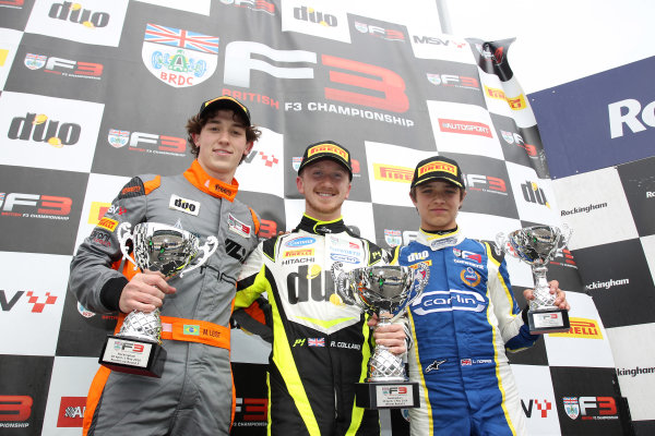 2016 BRDC British Formula 3 Championship,
Rockingham, Northamptonshire. 
30th April - 1st May 2016.
Race 3 Podium (l-r) Matheus Leist (BRA) Double R Racing BRDC F3, Ricky Collard (GBR) Carlin BRDC F3, Lando Norris (GBR) Carlin BRDC F4.
World Copyright: Ebrey / LAT Photographic.