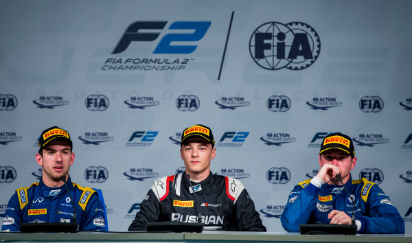 2017 FIA Formula 2 Round 10.
Circuito de Jerez, Jerez, Spain.
Sunday 8 October 2017.
Nicholas Latifi (CAN, DAMS), Artem Markelov (RUS, RUSSIAN TIME), Oliver Rowland (GBR, DAMS). 
Photo: Zak Mauger/FIA Formula 2.
ref: Digital Image _X0W2974