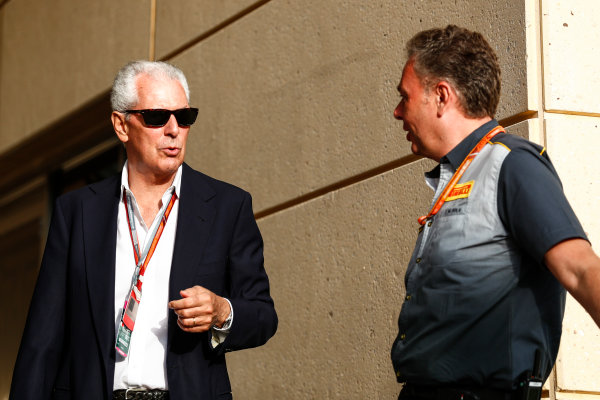 Bahrain International Circuit, Sakhir, Bahrain. 
Sunday 16 April 2017.
Marco Tronchetti Provera, Executive Vice Chairman and Chief Executive Officer, Pirelli, with Mario Isola, Racing Manager, Pirelli Motorsport.
World Copyright: Sam Bloxham/LAT Images
ref: Digital Image _J6I1890