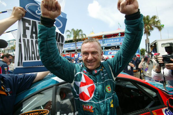 2003 Australian V8 Supercars
Surfers Paradise, Australia. October 25th 2003. 
Ford Falcon BA driver Russell Ingall celibrates afte winning round 11 of the V8 Supercar 's at the Lexmark Indy on the Gold Coast, Australia this weekend.
World Copyright: Mark Horsburgh/LAT Photographic
ref: Digital Image Only