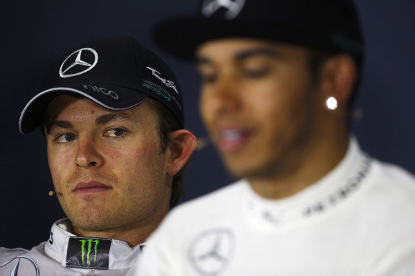 Circuit de Catalunya, Barcelona, Spain.
Sunday 11 May 2014.
Lewis Hamilton, Mercedes AMG, 1st Position, and Nico Rosberg, Mercedes AMG, 2nd Position, in the post race Press Conference.
World Copyright: Charles Coates/LAT Photographic.
ref: Digital Image _N7T1075 Circuit de Catalunya, Barcelona, Spain.
Sunday 11 May 2014.
Lewis Hamilton, Mercedes AMG, 1st Position, and Nico Rosberg, Mercedes AMG, 2nd Position, in the post race Press Conference.
World Copyright: Charles Coates/LAT Photographic.
ref: Digital Image _N7T1075