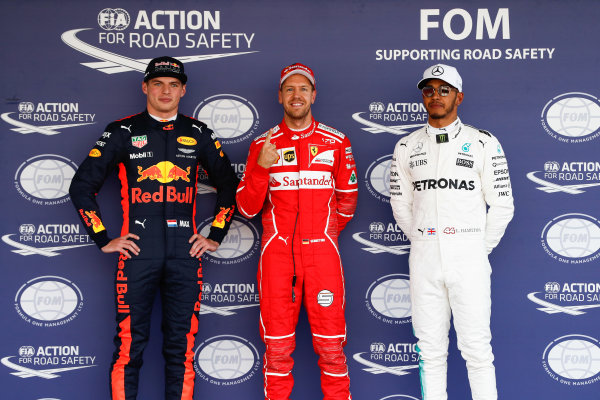 Autodromo Hermanos Rodriguez, Mexico City, Mexico.
Saturday 28 October 2017.
Sebastian Vettel, Ferrari on pole position followed by Max Verstappen, Red Bull Racing and Lewis Hamilton, Mercedes AMG.
World Copyright: Glenn Dunbar/LAT Images 
ref: Digital Image _31I7308