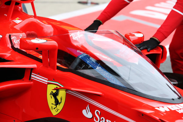 Silverstone, Northamptonshire, UK. 
Friday 14 July 2017.
Shield frontal protection system fitted to the car of Sebastian Vettel, Ferrari SF70H, for first practice.
World Copyright: Charles Coates/LAT Images 
ref: Digital Image AN7T4036