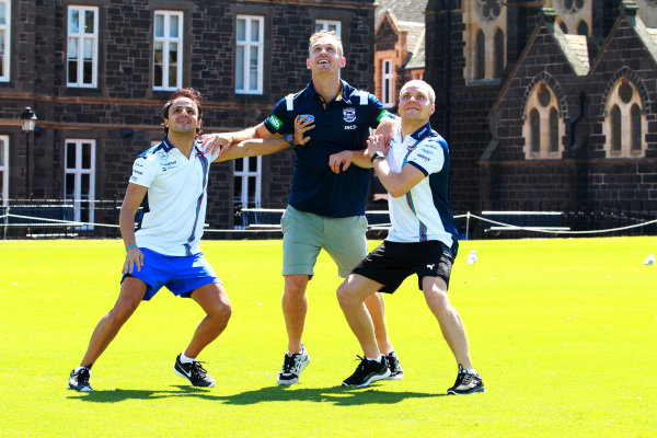 Joel Selwood (AUS) AFL Player with Felipe Massa (BRA) Williams and Valtteri Bottas (FIN) Williams at an Aussie Rules skills session at Formula One World Championship, Rd1, Australian Grand Prix, Preparations, Albert Park, Melbourne, Australia, Wednesday 11 March 2015.
BEST IMAGE Joel Selwood (AUS) AFL Player with Felipe Massa (BRA) Williams and Valtteri Bottas (FIN) Williams at an Aussie Rules skills session at Formula One World Championship, Rd1, Australian Grand Prix, Preparations, Albert Park, Melbourne, Australia, Wednesday 11 March 2015.
BEST IMAGE