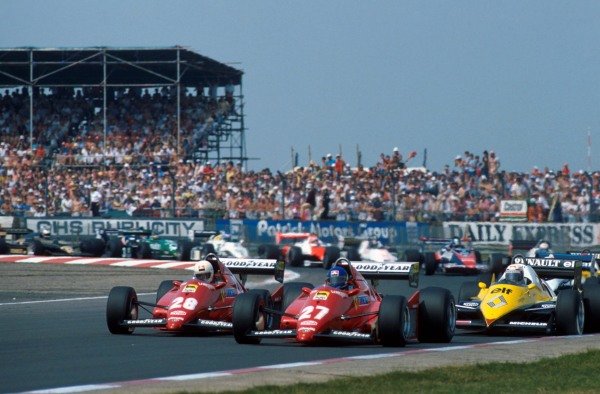 The first lap of the race. Patrick Tambay (FRA) Ferrari 126C3, leads the field.
British Grand Prix, Silverstone, England, 16 July 1983.