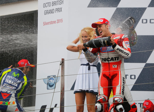 2015 MotoGP Championship.
British Grand Prix.
Silverstone, England. 28th - 30th August 2015.
Danilo Petrucci, Pramac Ducati, 2nd position, Valentino Rossi, Yamaha, 1st position, and Andrea Dovizioso, Ducati, 3rd position, celebrate on the podium.
Ref: KW5_5606a. World copyright: Kevin Wood/LAT Photographic 2015 MotoGP Championship.
British Grand Prix.
Silverstone, England. 28th - 30th August 2015.
Danilo Petrucci, Pramac Ducati, 2nd position, Valentino Rossi, Yamaha, 1st position, and Andrea Dovizioso, Ducati, 3rd position, celebrate on the podium.
Ref: KW5_5606a. World copyright: Kevin Wood/LAT Photographic