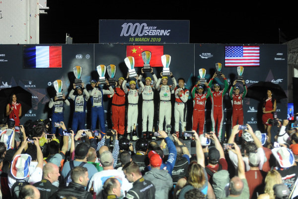 P2 Podium, #36 Signatech Alpine Matmut Alpine A470: Nicolas Lapierre, Andre Negrao, Pierre Thiriet, #37 Jackie Chan DC Racing Oreca 07: David Heinemeier Hansson, Jordan King, Will Stevens and #31 Dragonspeed Oreca 07: Roberto Gonzalez, Pastor Maldonado, Anthony Davidson