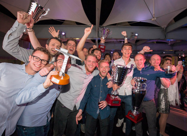 2017 Awards Evening.
Yas Marina Circuit, Abu Dhabi, United Arab Emirates.
Sunday 26 November 2017.
George Russell (GBR, ART Grand Prix), Anthoine Hubert (FRA, ART Grand Prix), Nirei Fukuzumi (JPN, ART Grand Prix). celebrate with team.
Photo: Zak Mauger/FIA Formula 2/GP3 Series.
ref: Digital Image _X0W0267