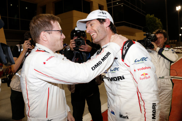 2015 FIA World Endurance Championship
Bahrain 6-Hours
Bahrain International Circuit, Bahrain
Saturday 21 November 2015.
Mark Webber (#17 LMP1 Porsche AG Porsche 919 Hybrid celebrates after winning the drivers championship.
World Copyright: Alastair Staley/LAT Photographic
ref: Digital Image _79P1353