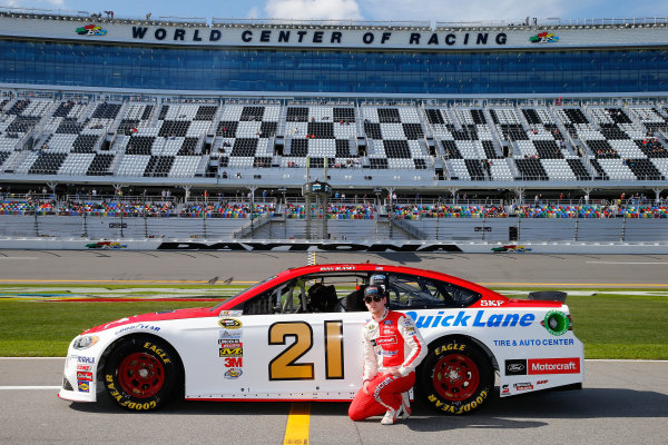 13-21 February, 2016, Daytona Beach, Florida USA  
Ryan Blaney, driver of the #21 Motorcraft/Quick Lane Tire & Auto Center Ford, poses with his car after qualifying for the NASCAR Sprint Cup Series Daytona 500 at Daytona International Speedway on February 14, 2016 in Daytona Beach, Florida.  
LAT Photo USA via NASCAR via Getty Images