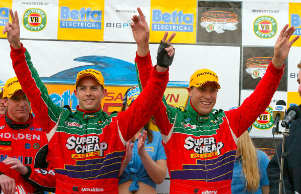 2003 Australian V8 Supercars, Round 9, Sandown, 14th September 2003.
FORD Falcon BA drivers Steve Ellery and Louke Youlden on the podium after finishing second in the Betta Electrical 500 held at Melbournes Sandown International Raceway today. Ellery and Youlden finished second.
Photo: Mark Horsburgh/LAT Photographic