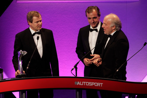 Grosvenor House Hotel, Park Lane, London 
4th December 2011 
David Richards and Dr Kay Segler accept the Rally Car of the Year award on behalf of the Mini John Cooper Works WRC from Carlos Sainz on the stage. Portrait.
World Copyright: Glenn Dunbar/LAT Photographic 
ref: Digtal Image _G7C0371