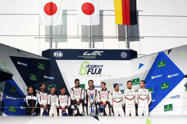 2017 FIA World Endurance Championship,
Fuji, Japan. 13th-15th October 2017,
P1 Podium - #8 Toyota Gazoo Racing Toyota TS050-Hybrid: Sebastien Buemi, Anthony Davidson, Kazuki Nakajima  wins from #7 Toyota Gazoo Racing Toyota TS050-Hybrid: Mike Conway, Kamui Kobayashi, Jose Maria Lopez and #1 Porsche LMP Team Porsche 919 Hybrid: Neel Jani, Andre Lotterer, Nick Tandy 
World copyright. JEP/LAT Images 