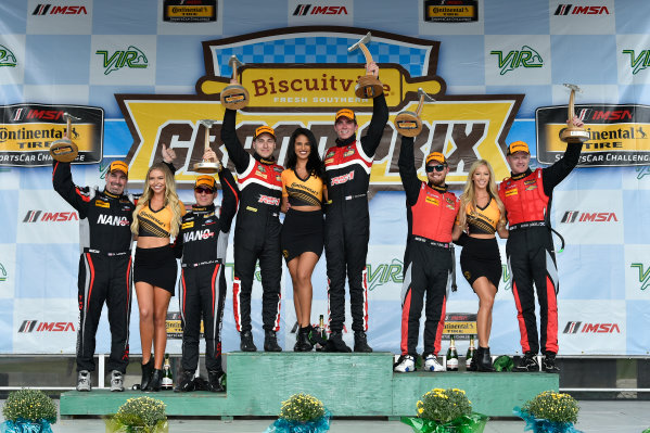 IMSA Continental Tire SportsCar Challenge
Biscuitville Grand Prix
Virginia International Raceway, Alton, VA USA
Saturday 26 August 2017
28, Porsche, Porsche Cayman GT4, GS, Dylan Murcott, Dillon Machavern, 59, Ford, Ford Mustang, Dean Martin, Jack Roush Jr, 57, Chevrolet, Chevrolet Camaro GT4.R, Matt Bell, Robin Liddell, celebrate the win in victory lane on the podium
World Copyright: Scott R LePage
LAT Images IMSA Continental Tire SportsCar Challenge
Biscuitville Grand Prix
Virginia International Raceway, Alton, VA USA
Saturday 26 August 2017
28, Porsche, Porsche Cayman GT4, GS, Dylan Murcott, Dillon Machavern, 59, Ford, Ford Mustang, Dean Martin, Jack Roush Jr, 57, Chevrolet, Chevrolet Camaro GT4.R, Matt Bell, Robin Liddell, celebrate the win in victory lane on the podium
World Copyright: Scott R LePage
LAT Images