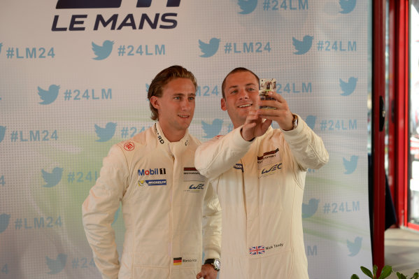 2014 Le Mans 24 Hours.
Circuit de la Sarthe, Le Mans, France.
Sunday 8 June 2014.
92, Porsche 911 RSR, LM GTE Pro, Marco Holzer, and 91, Porsche 911 RSR, LM GTE Pro, Nick Tandy take a selifie
World Copyright: Rick Dole/LAT Photographic.
ref: Digital Image Dole_LM24_2014_09