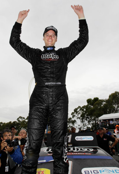 Homebush Street Circuit, Sydney, New South Wales.
4th - 5th December 2010.
Jonathon Webb of Dick Johnson Racing wins an action packed race 1of the Sydney Telstra 500 Grand Finale.
World Copyright: Mark Horsburgh/LAT Photographic
ref: Digital Image 19-Webb-EV14-10-01033B Homebush Street Circuit, Sydney, New South Wales.
4th - 5th December 2010.
Jonathon Webb of Dick Johnson Racing wins an action packed race 1of the Sydney Telstra 500 Grand Finale.
World Copyright: Mark Horsburgh/LAT Photographic
ref: Digital Image 19-Webb-EV14-10-01033B
