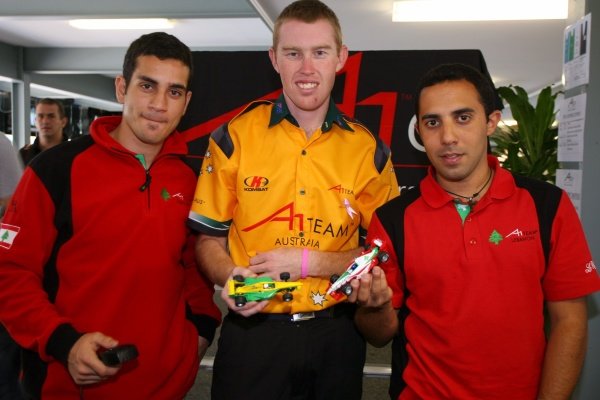 02.02.2008 Sydney, Australia,
Chris Alajajian (LEB), driver of A1 Team Lebanon, John Martin (AUS), driver of A1 Team Australia and Khalil Beschir (LEB), driver of A1 Team Lebanon with Scalextric - A1GP World Cup of Motorsport 2007/08, Round 6, Eastern Creek, Saturday Practice - Copyright A1GP Team Lebanon - Copyright free for editorial usage 02.02.2008 Sydney, Australia,
Chris Alajajian (LEB), driver of A1 Team Lebanon, John Martin (AUS), driver of A1 Team Australia and Khalil Beschir (LEB), driver of A1 Team Lebanon with Scalextric - A1GP World Cup of Motorsport 2007/08, Round 6, Eastern Creek, Saturday Practice - Copyright A1GP Team Lebanon - Copyright free for editorial usage