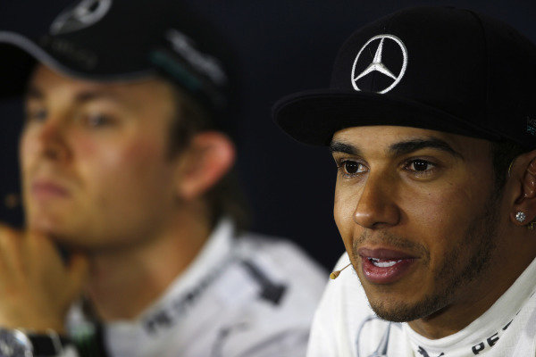 Circuit de Catalunya, Barcelona, Spain.
Sunday 11 May 2014.
Lewis Hamilton, Mercedes AMG, 1st Position, and Nico Rosberg, Mercedes AMG, 2nd Position, in the post race Press Conference.
World Copyright: Charles Coates/LAT Photographic.
ref: Digital Image _N7T1042 Circuit de Catalunya, Barcelona, Spain.
Sunday 11 May 2014.
Lewis Hamilton, Mercedes AMG, 1st Position, and Nico Rosberg, Mercedes AMG, 2nd Position, in the post race Press Conference.
World Copyright: Charles Coates/LAT Photographic.
ref: Digital Image _N7T1042