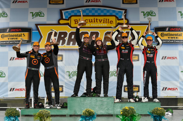 IMSA Continental Tire SportsCar Challenge
Biscuitville Grand Prix
Virginia International Raceway, Alton, VA USA
Saturday 26 August 2017
44, Nissan, Altima, ST, Sarah Cattaneo, Owen Trinkler, 84, BMW, BMW 328i, James Clay, Tyler Cooke, 75, Audi, Audi S3, Roy Block, Pierre Kleinubing, celebrate on the podium in victory lane
World Copyright: Scott R LePage
LAT Images