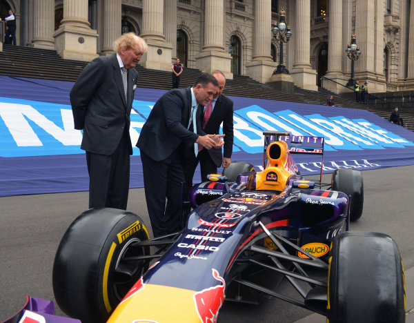 Andrew Westacott (AUS) Australian GP CEO, Ron Walker (AUS) Chairman of the Australian GP Corporation and John Eren (AUS) Sports Minister with a Red Bull Racing show car at Parliament House at Formula One World Championship, Rd1, Australian Grand Prix, Preparations, Albert Park, Melbourne, Australia, 6 March 2015. Andrew Westacott (AUS) Australian GP CEO, Ron Walker (AUS) Chairman of the Australian GP Corporation and John Eren (AUS) Sports Minister with a Red Bull Racing show car at Parliament House at Formula One World Championship, Rd1, Australian Grand Prix, Preparations, Albert Park, Melbourne, Australia, 6 March 2015.