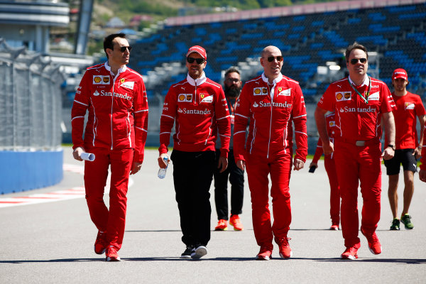 Sochi Autodrom, Sochi, Russia.
Thursday 27 April 2017.
Sebastian Vettel, Ferrari, conducts a track walk with colleagues, including Jock Clear, Engineering Director, Ferrari.
World Copyright: Andy Hone/LAT Images
ref: Digital Image _ONY8671 Sochi Autodrom, Sochi, Russia.
Thursday 27 April 2017.
Sebastian Vettel, Ferrari, conducts a track walk with colleagues, including Jock Clear, Engineering Director, Ferrari.
World Copyright: Andy Hone/LAT Images
ref: Digital Image _ONY8671
