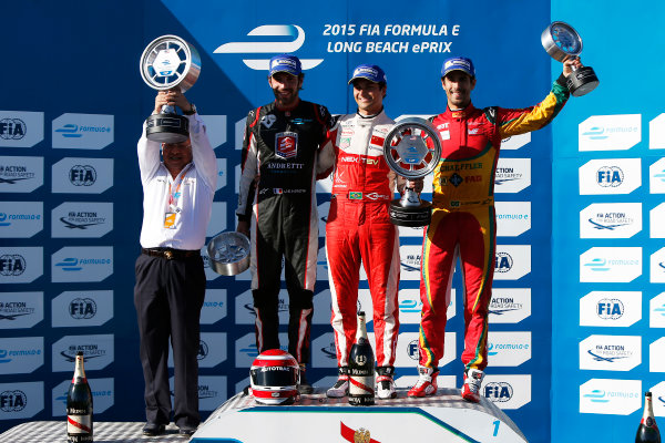 2014/2015 FIA Formula E Championship.
Long Beach ePrix, Long Beach, California, United States of America.
Sunday 5 April 2015
Podium. Nelson Piquet Jr (BRA)/China Racing - Spark-Renault SRT_01E, first, Jean-Eric Vergne (FRA)/Andretti Motorsport - Spark-Renault SRT_01E, second and Lucas di Grassi (BRA)/Audi Abt Sport - Spark-Renault SRT_01E, third.
Photo: Zak Mauger/LAT/Formula E
ref: Digital Image _L0U8716
2014/2015 FIA Formula E Championship.
Long Beach ePrix, Long Beach, California, United States of America.
Sunday 5 April 2015
Podium. Nelson Piquet Jr (BRA)/China Racing - Spark-Renault SRT_01E, first, Jean-Eric Vergne (FRA)/Andretti Motorsport - Spark-Renault SRT_01E, second and Lucas di Grassi (BRA)/Audi Abt Sport - Spark-Renault SRT_01E, third.
Photo: Zak Mauger/LAT/Formula E
ref: Digital Image _L0U8716