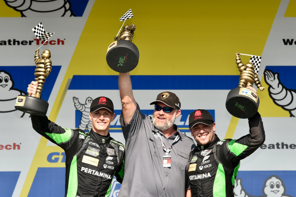 IMSA WeatherTech SportsCar Championship
Michelin GT Challenge at VIR
Virginia International Raceway, Alton, VA USA
Sunday 27 August 2017
16, Lamborghini, Lamborghini Huracan GT3, GTD, Corey Lewis, Geert Jeroen Mul celebrate the win in victory lane on podium
World Copyright: Scott R LePage
LAT Images IMSA WeatherTech SportsCar Championship
Michelin GT Challenge at VIR
Virginia International Raceway, Alton, VA USA
Sunday 27 August 2017
16, Lamborghini, Lamborghini Huracan GT3, GTD, Corey Lewis, Geert Jeroen Mul celebrate the win in victory lane on podium
World Copyright: Scott R LePage
LAT Images
