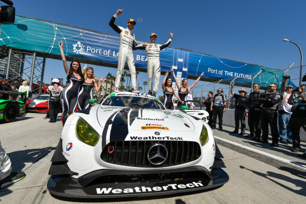 2017 IMSA WeatherTech SportsCar Championship
BUBBA burger Sports Car Grand Prix at Long Beach
Streets of Long Beach, CA USA
Saturday 8 April 2017
50, Mercedes, Mercedes AMG GT3, GTD, Gunnar Jeannette, Cooper MacNeil celebrate the class win  in victory lane
World Copyright: Scott R LePage/LAT Images
ref: Digital Image lepage-170408-LB-34931