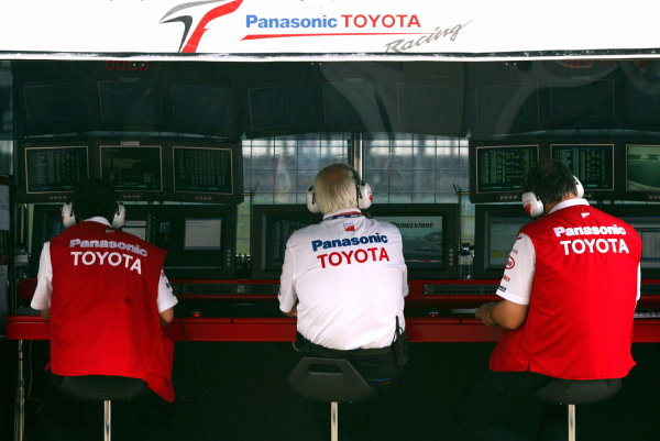 (L to R): Ange Pasquali (FRA) Toyota Team Manager, Ove Andersson (SWE) President Panasonic Toyota Racing and Norbert Kreyer (GER) Toyota Senior General Manager of Race and Test Engineering on the Toyota pit wall.
Formula One World Championship, Rd9, European Grand Prix, Nurburgring, Germany, 28 June 2003.
DIGITAL IMAGE