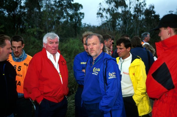 (L to R): Andrew Cowan (GBR) Mitsubishi Ralliart Boss with David Richards (GBR) Prodrive Subaru Team Principal were amongst the team owners on hand to discuss the depth of the water crossings brought on by heavy rain.
World Rally Championship, Rally Australia, Perth, Australia, 13-16 September 1996.
(L to R): Andrew Cowan (GBR) Mitsubishi Ralliart Boss with David Richards (GBR) Prodrive Subaru Team Principal were amongst the team owners on hand to discuss the depth of the water crossings brought on by heavy rain.
World Rally Championship, Rally Australia, Perth, Australia, 13-16 September 1996.