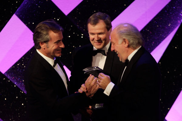 Grosvenor House Hotel, Park Lane, London 
4th December 2011 
David Richards and Dr Kay Segler accept the Rally Car of the Year award on behalf of the Mini John Cooper Works WRC from Carlos Sainz on the stage.
World Copyright: Glenn Dunbar/LAT Photographic 
ref: Digtal Image _G7C0362