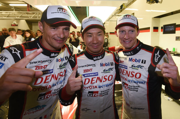 2017 Le Mans 24 Hours
Circuit de la Sarthe, Le Mans, France.
Thursday 15 June 2017
Polesitters #7 Toyota Gazoo Racing Toyota TS050 Hybrid: Mike Conway, Kamui Kobayashi, Stéphane Sarrazin with Miss 24 Hours of Le Mans
World Copyright: Rainier Ehrhardt/LAT Images
ref: Digital Image 24LM-re-7319