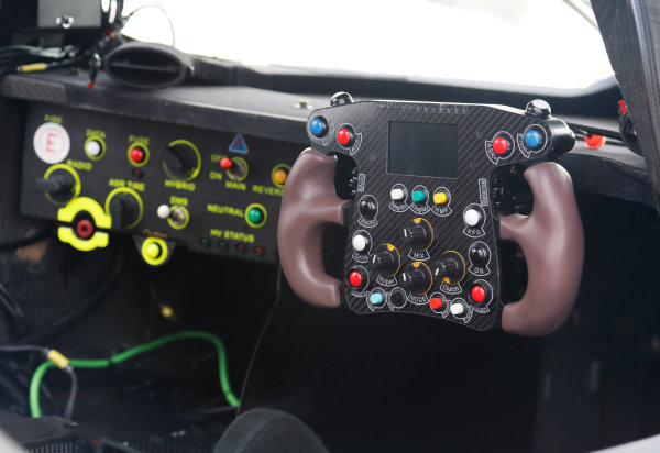 2014 Goodwood Festival of Speed 
Goodwood Estate, West Sussex, England. 26th - 29th June 2014. 
Steering wheel of Le Mans winning Audi R18 E-Tron Quattro. 
Ref: KW5_0923a. World copyright: Kevin Wood/LAT Photographic