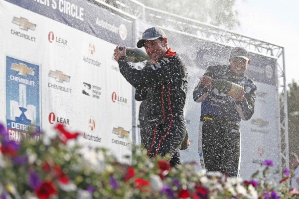 Verizon IndyCar Series
Chevrolet Detroit Grand Prix Race 2
Raceway at Belle Isle Park, Detroit, MI USA
Sunday 4 June 2017
Graham Rahal, Rahal Letterman Lanigan Racing Honda, Josef Newgarden, Team Penske Chevrolet, Will Power, Team Penske Chevrolet celebrate with champagne on the podium
World Copyright: Phillip Abbott
LAT Images
ref: Digital Image abbott_detroit_0617_6961