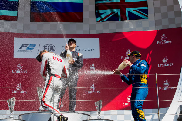 2017 FIA Formula 2 Round 5.
Red Bull Ring, Spielberg, Austria.
Sunday 9 July 2017.
Alexander Albon (THA, ART Grand Prix), Artem Markelov (RUS, RUSSIAN TIME) and Oliver Rowland (GBR, DAMS). 
Photo: Zak Mauger/FIA Formula 2.
ref: Digital Image _54I0386